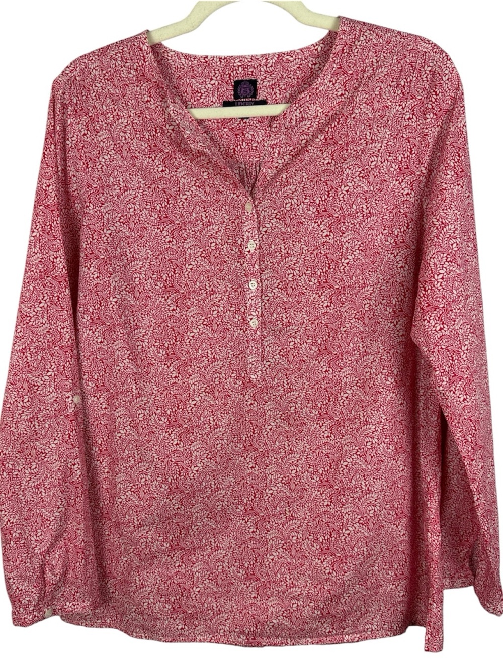 Liberty Art Fabrics Pink Leaf Print Cotton Henley Blouse Size S/P
